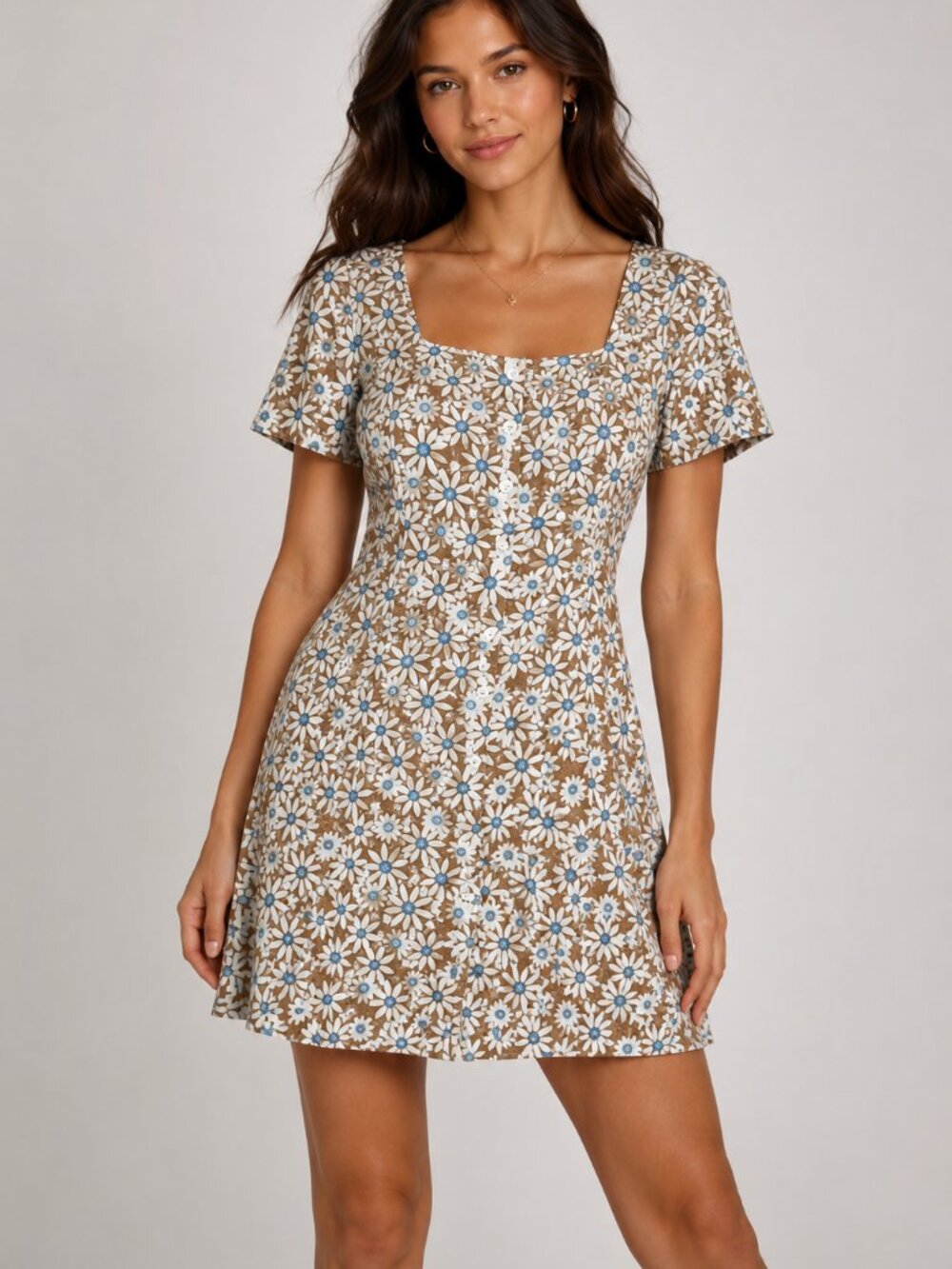 dELiA*s Daisy Floral Mini Dress Brown Blue Cottagecore Size Large